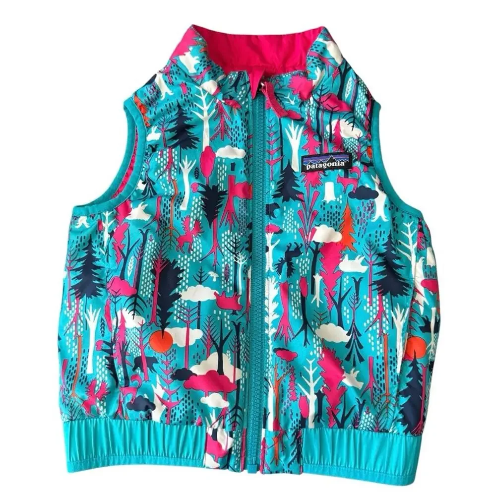 Patagonia Baby Reversible Puff-Ball Vest Teal Pink Forest Print Epic Blue Size 2